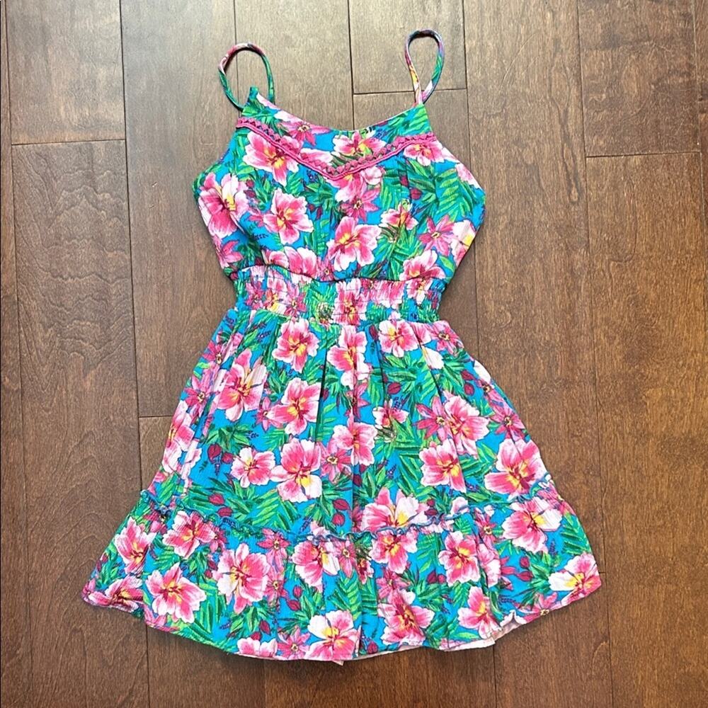 Chenault Kids Tropical Dress in Pink and Blue, Tiered Crinkle Fabric, Size 7/8